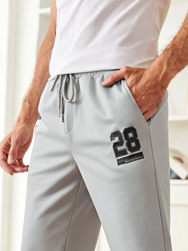 Men Drawstring Waist Letter Patch Sweatpants