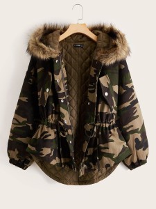 Fuzzy Detail Drawstring Waist Camo Parka Jacket