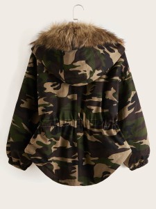 Fuzzy Detail Drawstring Waist Camo Parka Jacket