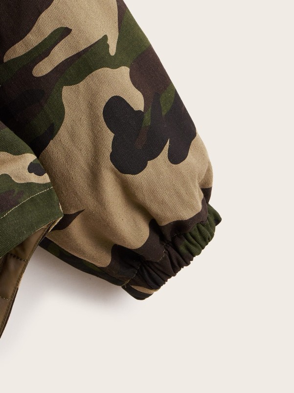 Fuzzy Detail Drawstring Waist Camo Parka Jacket