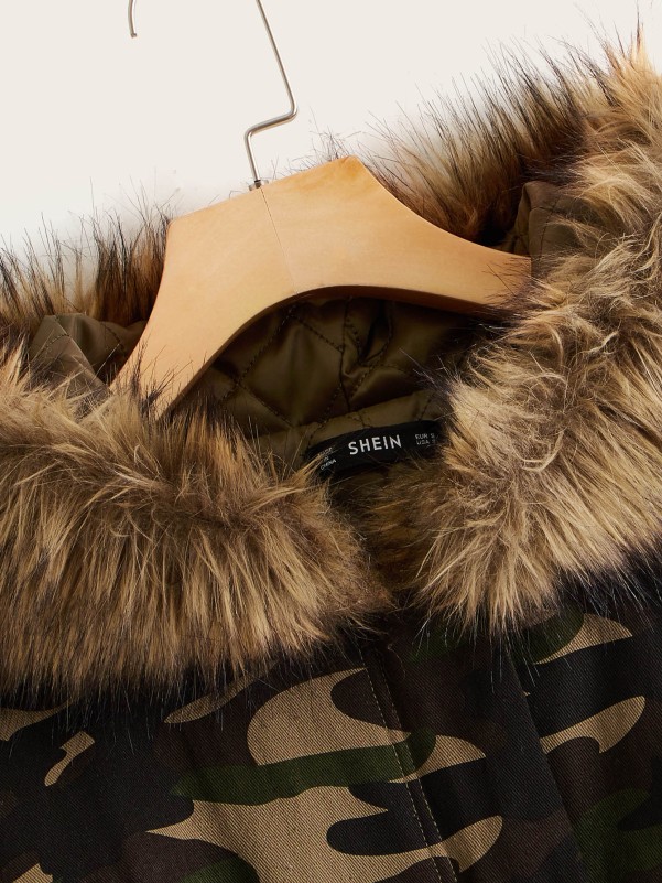 Fuzzy Detail Drawstring Waist Camo Parka Jacket