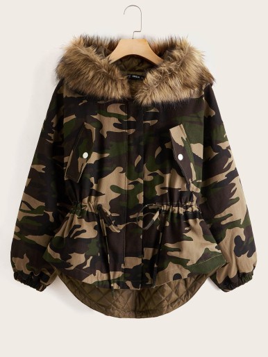 Fuzzy Detail Drawstring Waist Camo Parka Jacket