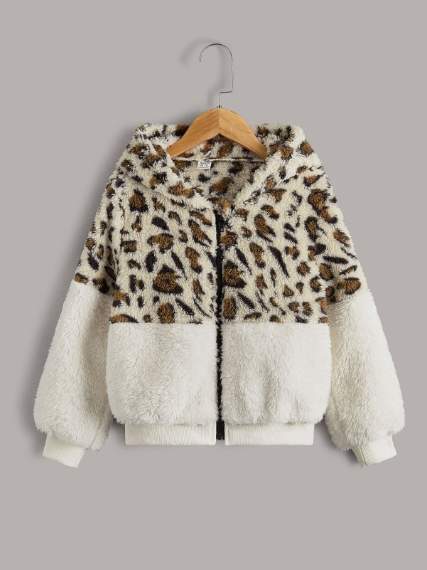 Girls Leopard Pattern Color Block Hooded Teddy Jacket