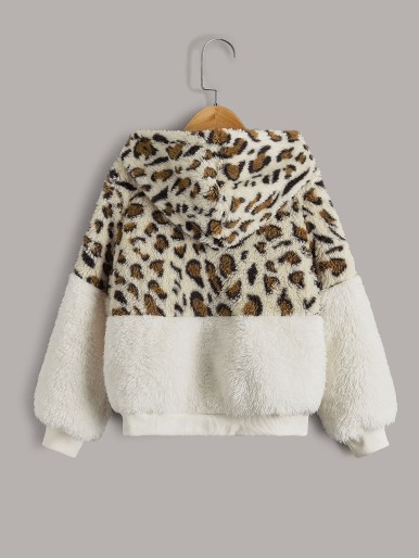 Girls Leopard Pattern Color Block Hooded Teddy Jacket