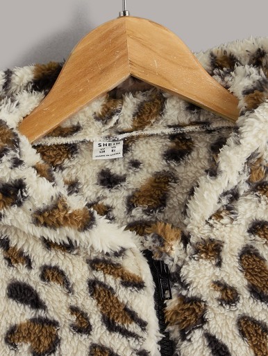 Girls Leopard Pattern Color Block Hooded Teddy Jacket