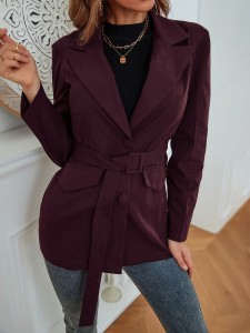 Solid Lapel Neck Belted Blazer