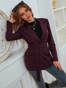 Solid Lapel Neck Belted Blazer