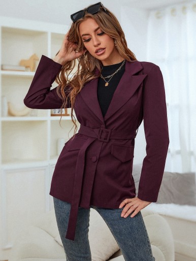 Solid Lapel Neck Belted Blazer