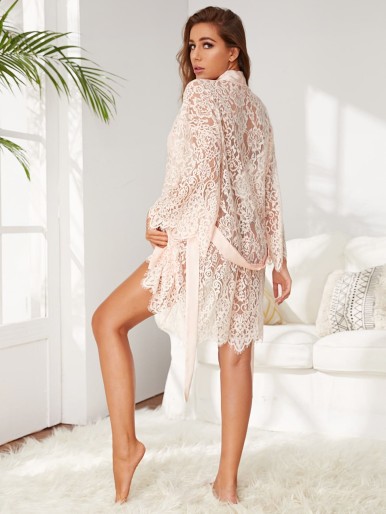 Self Tie Sheer Lace Robe Without Lingerie