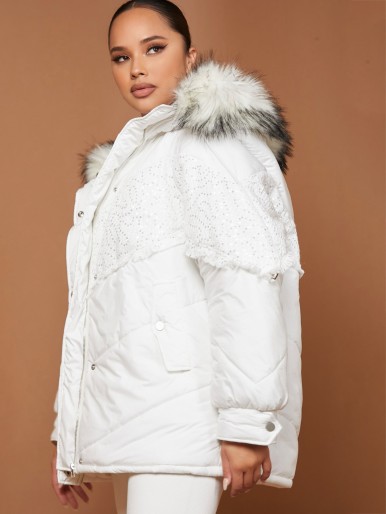 Sequin Panel Frayed Trim Fuzzy Trim Parka Coat