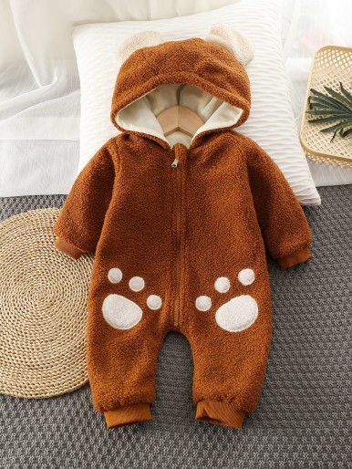 Baby 3D Ear Bear Paw Pattern Zip Up Flannel Jumpsuit