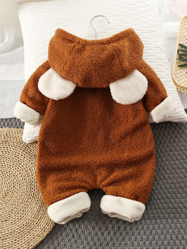 Baby 3D Ear Bear Paw Pattern Zip Up Flannel Jumpsuit