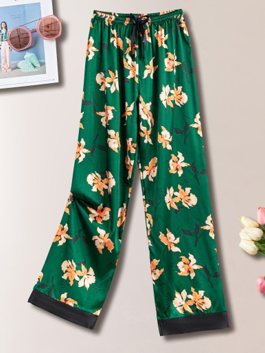 Satin Floral Print Roll Hem Bow Detail Night Pants