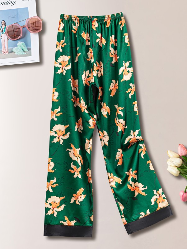 Satin Floral Print Roll Hem Bow Detail Night Pants