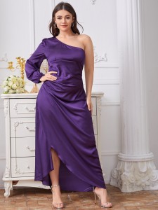 Plus One Shoulder Ruched Detail Split Hem Satin Dress