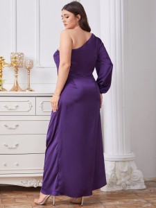 Plus One Shoulder Ruched Detail Split Hem Satin Dress