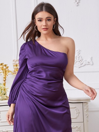 Plus One Shoulder Ruched Detail Split Hem Satin Dress