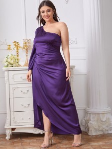 Plus One Shoulder Ruched Detail Split Hem Satin Dress