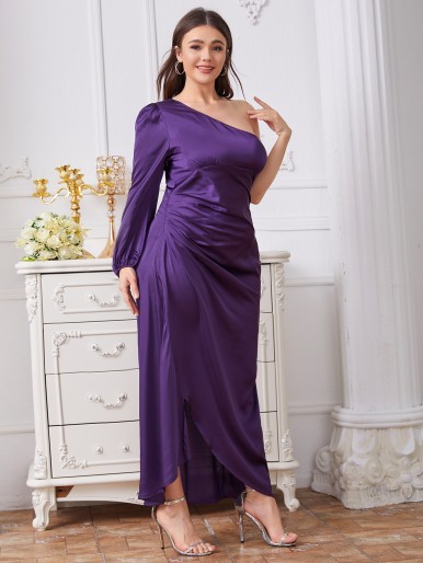 Plus One Shoulder Ruched Detail Split Hem Satin Dress