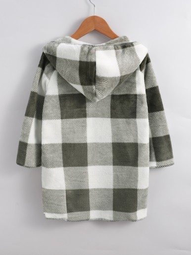 Girls Buffalo Plaid Pattern Hooded Flannel Coat