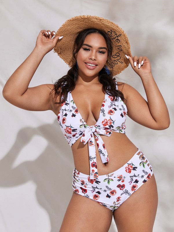 Plus Floral Knot Front Bikini Swimsuit