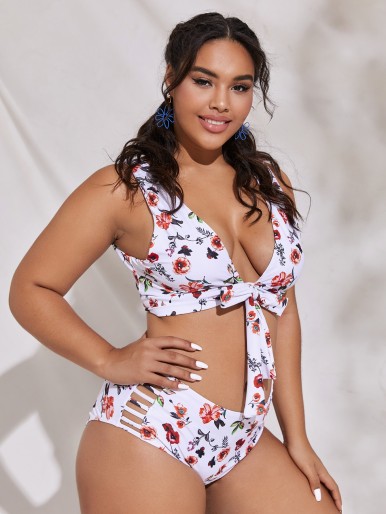 Plus Floral Knot Front Bikini Swimsuit