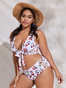 Plus Floral Knot Front Bikini Swimsuit