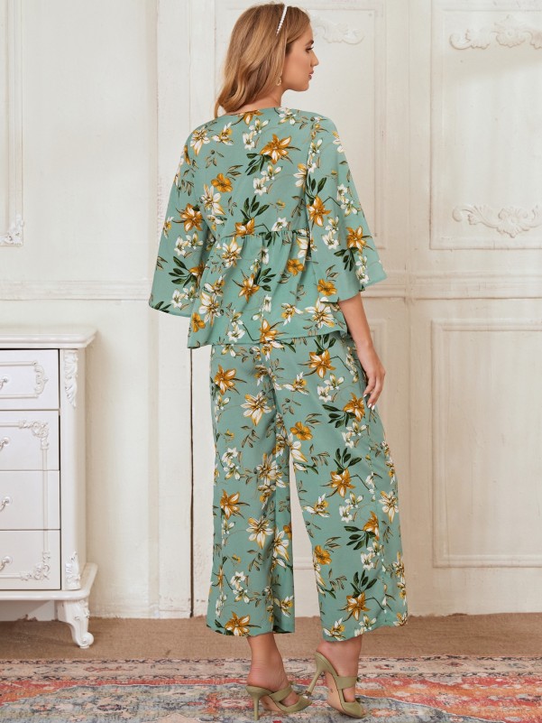 Maternity Bell Sleeve Knot Side Floral Blouse And Pants Set