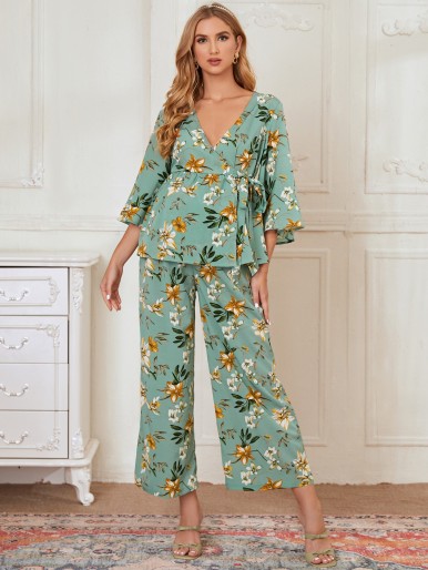 Maternity Bell Sleeve Knot Side Floral Blouse And Pants Set