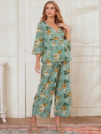 Maternity Bell Sleeve Knot Side Floral Blouse And Pants Set