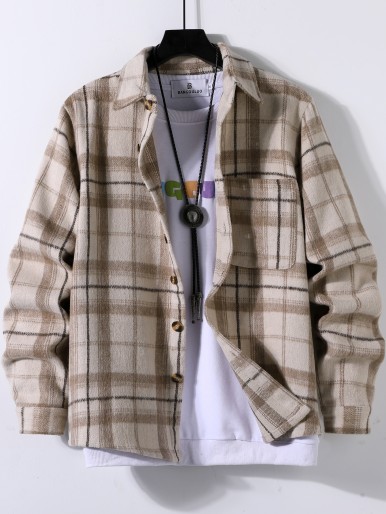 Men Plaid Pocket Front Overcoat Without Sweatshirt