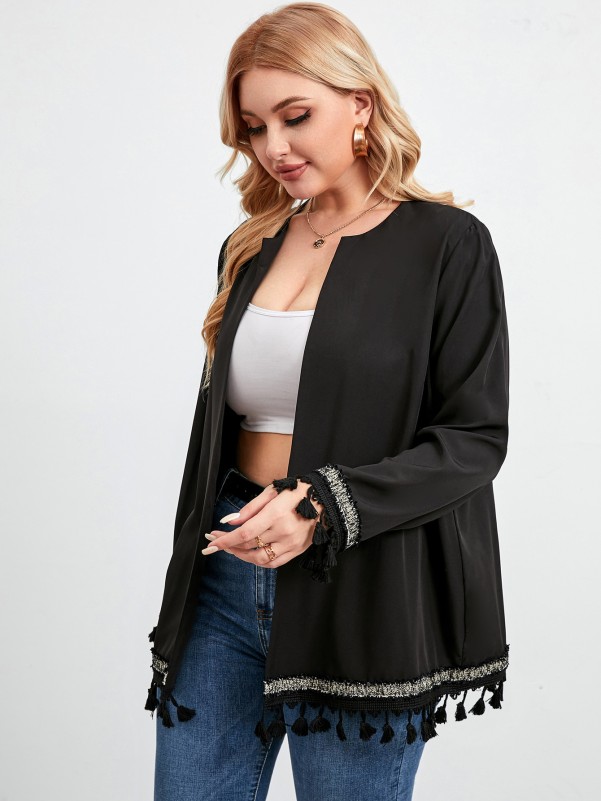 Plus Tassel Trim Open Front Coat