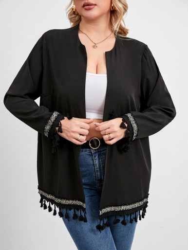 Plus Tassel Trim Open Front Coat