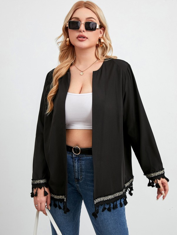 Plus Tassel Trim Open Front Coat