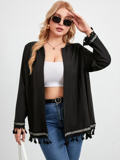 Plus Tassel Trim Open Front Coat