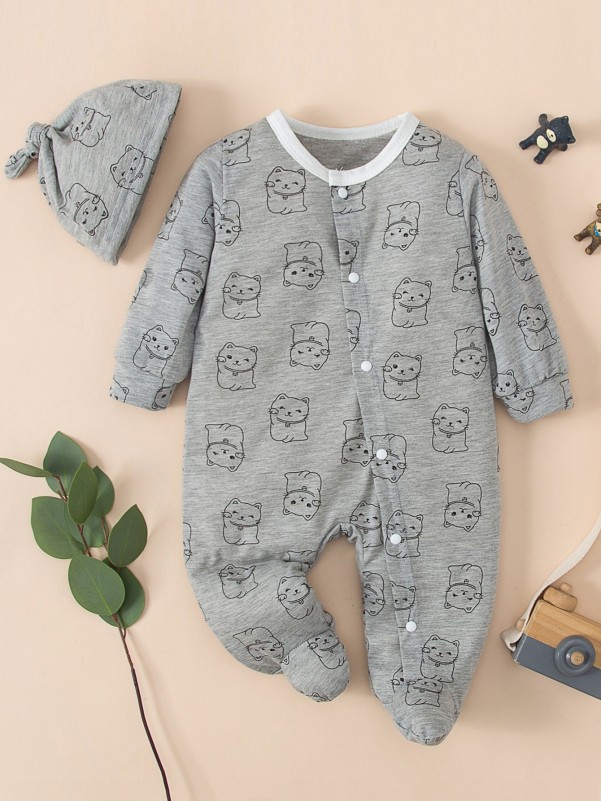 Baby All Over Cartoon Graphic Footed Sleep Jumpsuit With Hat