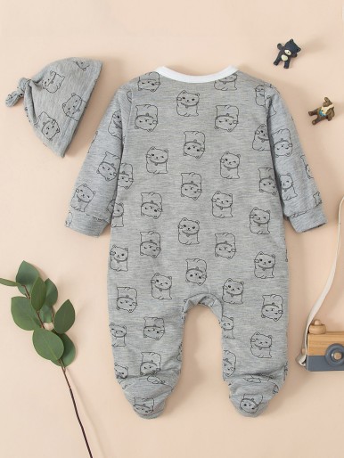 Baby All Over Cartoon Graphic Footed Sleep Jumpsuit With Hat