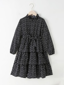 Girls Confetti Heart Print Layered Hem Belted Dress