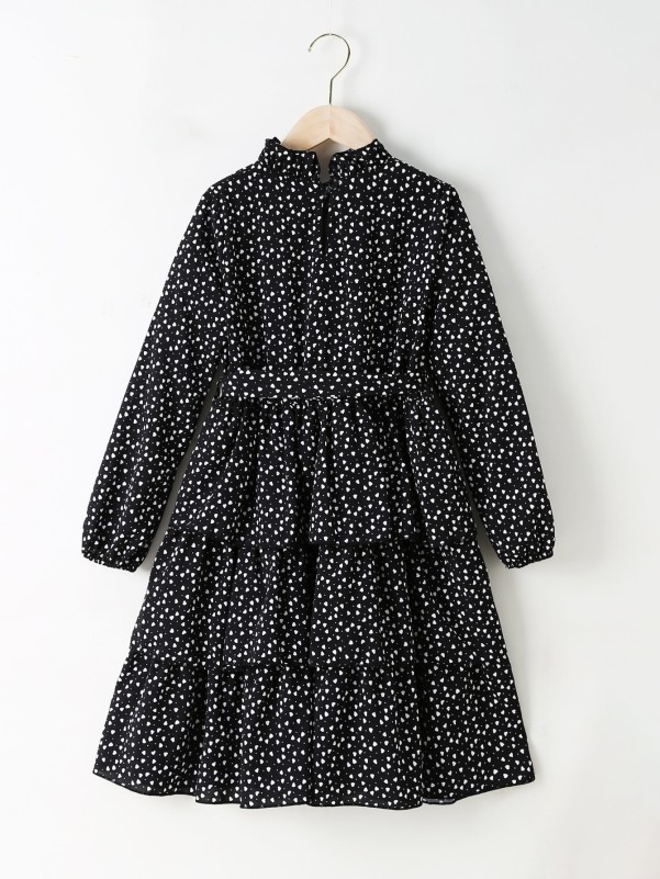 Girls Confetti Heart Print Layered Hem Belted Dress