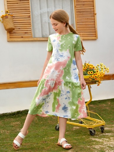 Girls Keyhole Back Ruffle Hem Tie Dye Dress