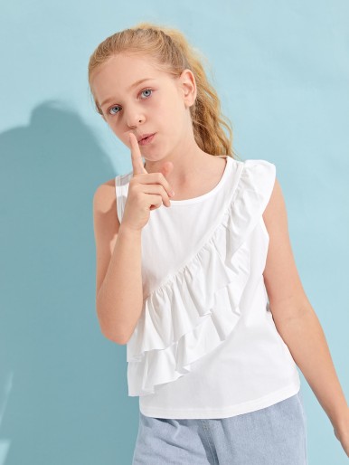 Girls Solid Ruffle Trim Tank Top