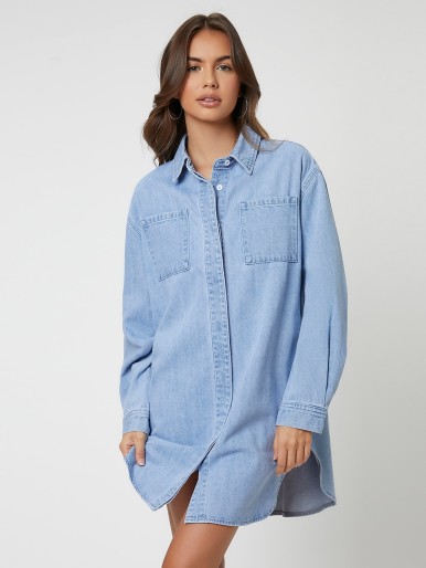 Pocket Front Curved Hem Denim Blouse