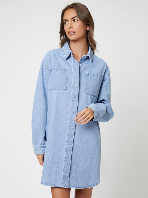 Pocket Front Curved Hem Denim Blouse