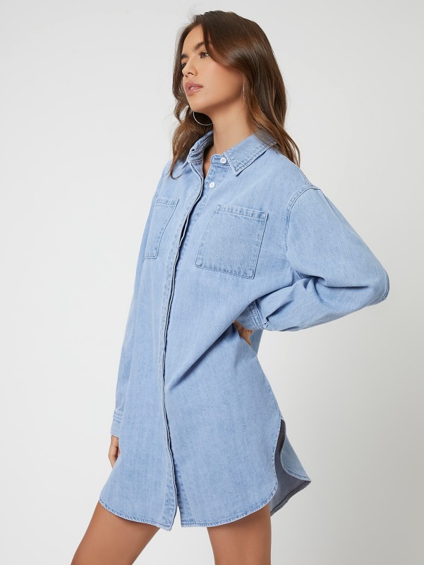 Pocket Front Curved Hem Denim Blouse