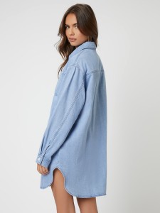 Pocket Front Curved Hem Denim Blouse