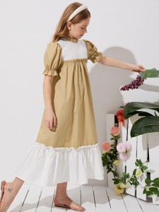 Girls Colorblock Frill Neck Puff Sleeve Dress