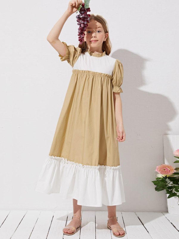 Girls Colorblock Frill Neck Puff Sleeve Dress