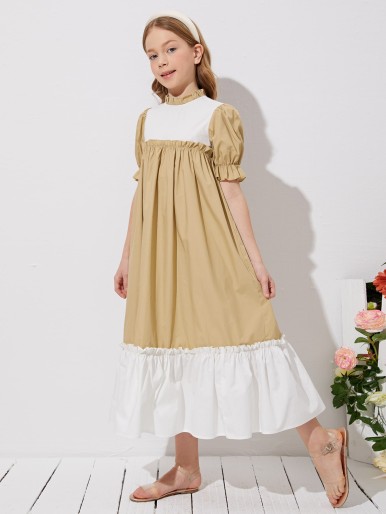 Girls Colorblock Frill Neck Puff Sleeve Dress