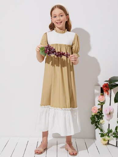 Girls Colorblock Frill Neck Puff Sleeve Dress