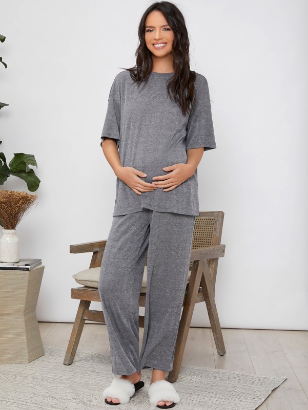 Maternity Drop Shoulder Solid Top & Pants Set